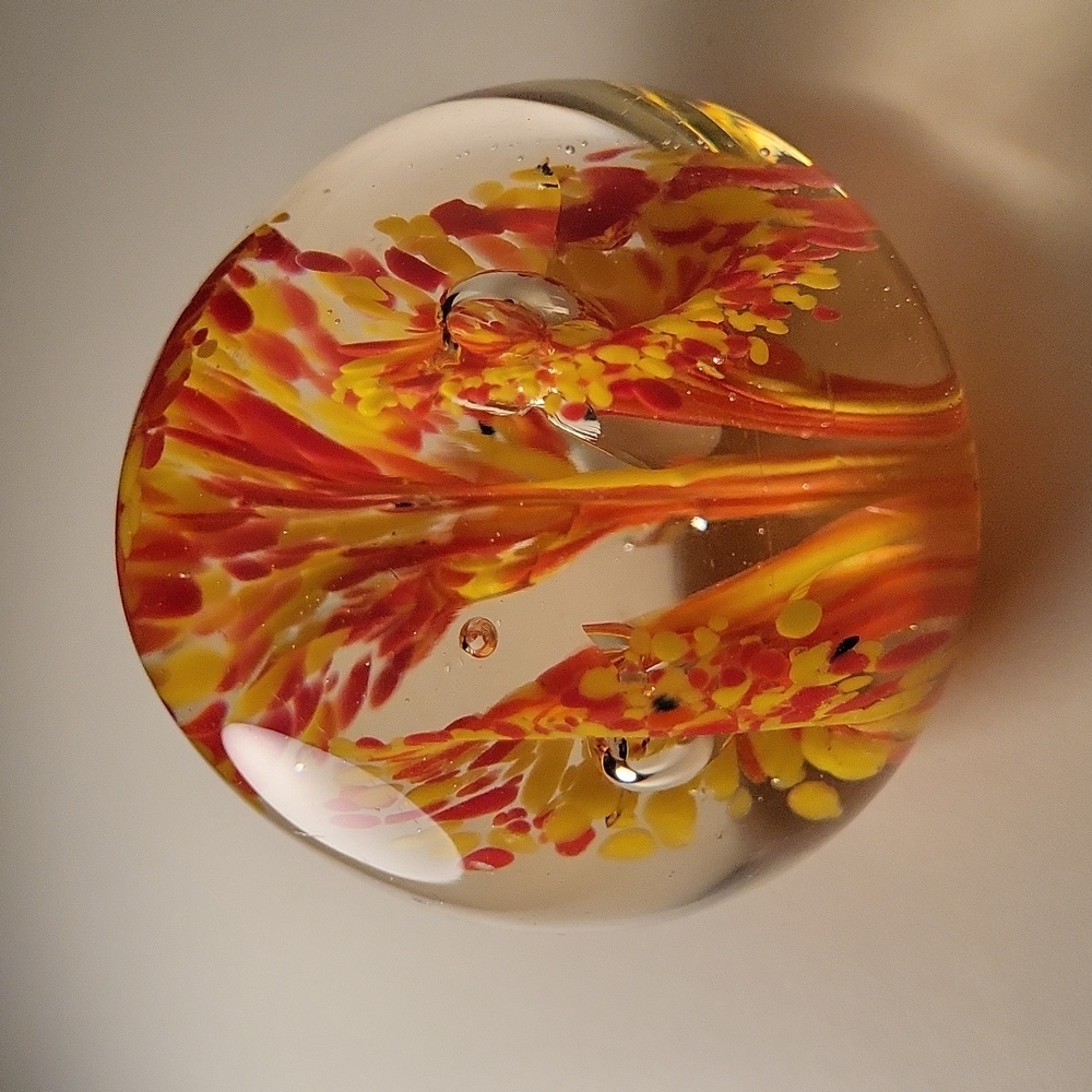 Vintage Murano-style Art Glass Orb Paperweight / Yellow Orange flowerburst